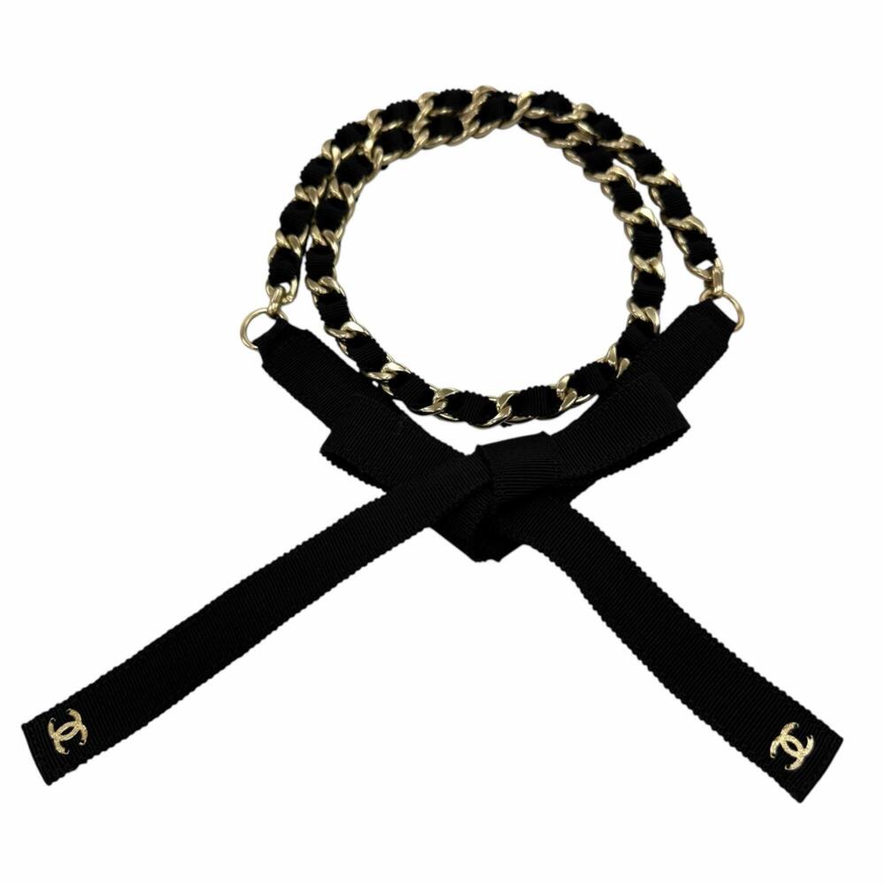CHANEL 20C Metal Coco Mark Ribbon Chain Belt, Black and Gold, Size S, Made in...